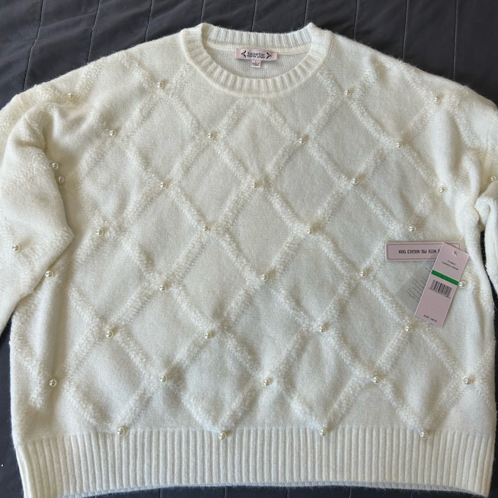 Nanette Lepore Cream Sweater with Pearl Accents